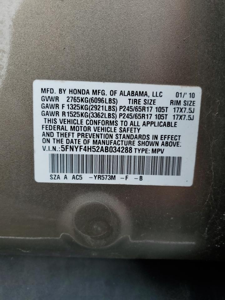 2010 Honda Pilot Exl VIN: 5FNYF4H52AB034288 Lot: 64321394