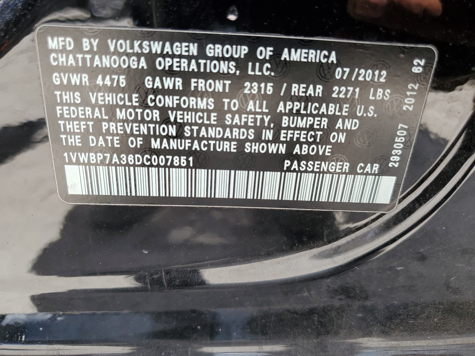 1VWBP7A36DC007851 2013 Volkswagen Passat Se