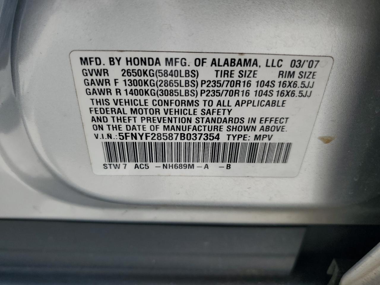 2007 Honda Pilot Exl VIN: 5FNYF28587B037354 Lot: 63545664