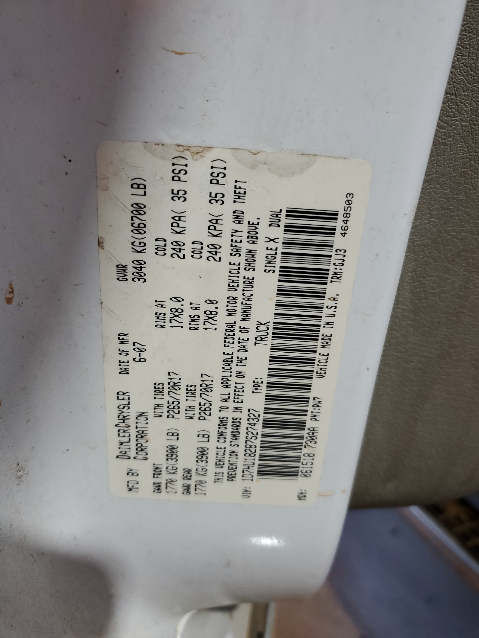 1D7HU18287S274327 2007 Dodge Ram 1500 St