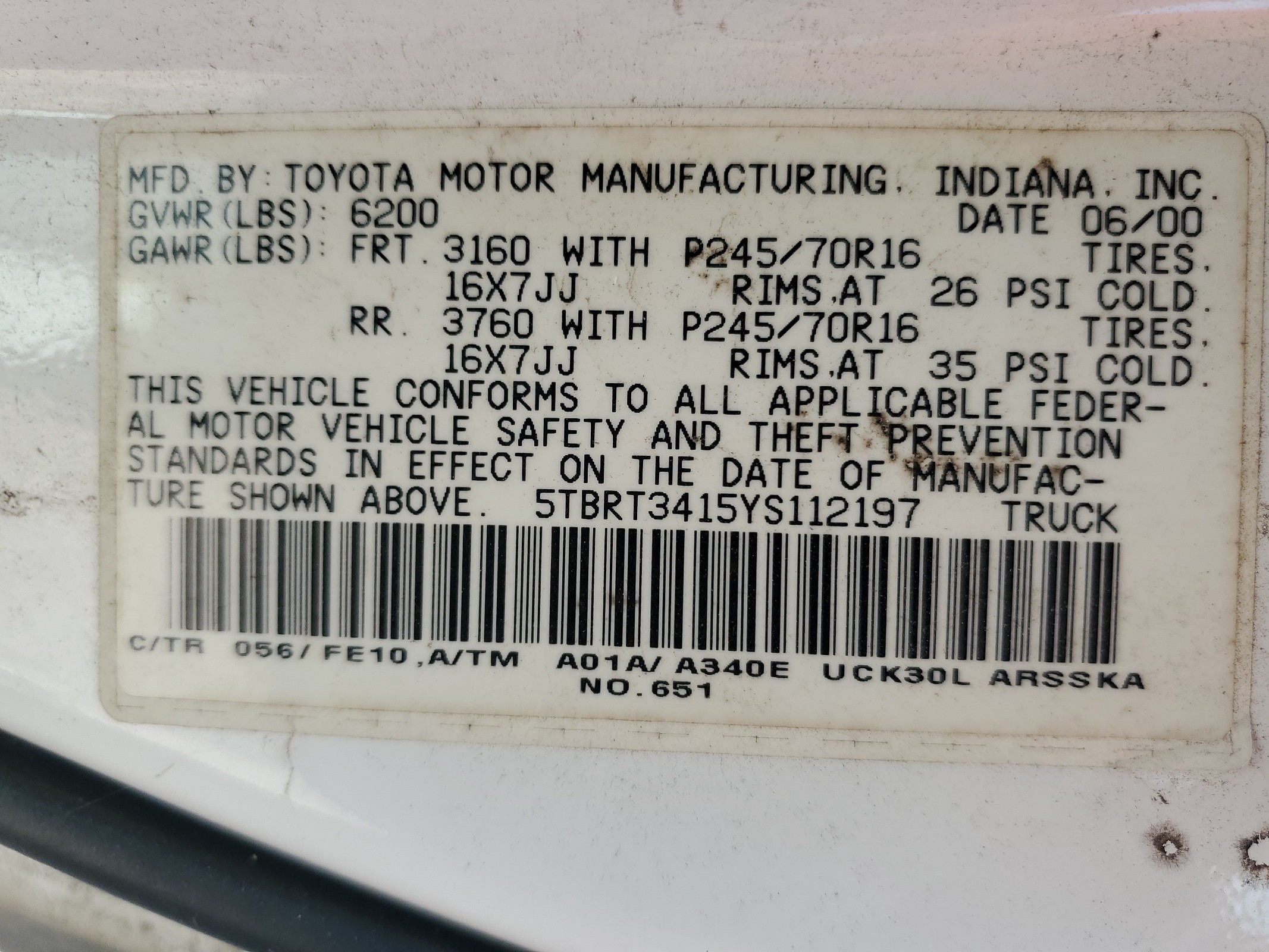 5TBRT3415YS112197 2000 Toyota Tundra Access Cab