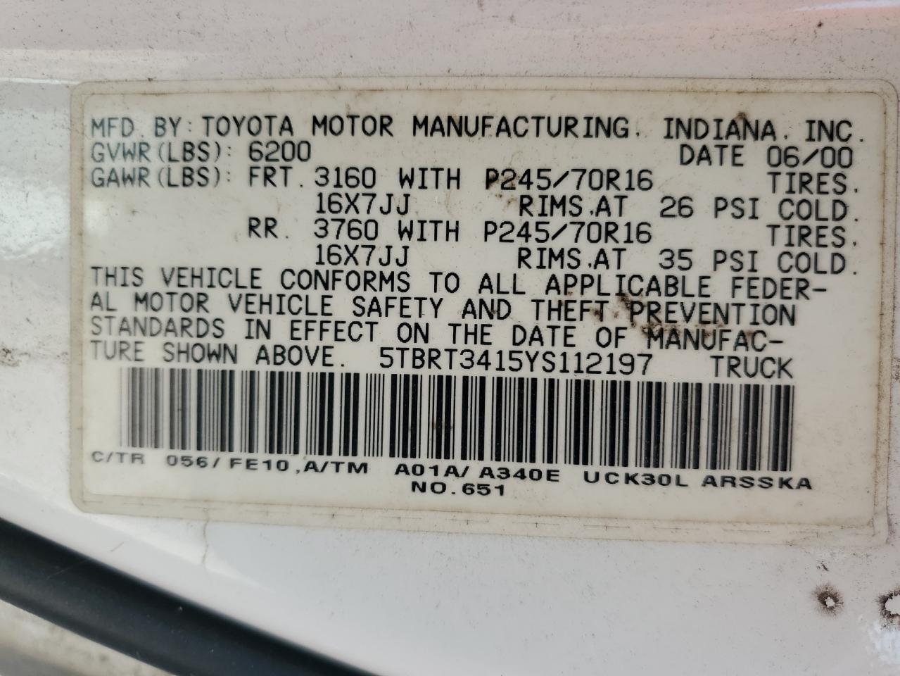 2000 Toyota Tundra Access Cab VIN: 5TBRT3415YS112197 Lot: 62987624