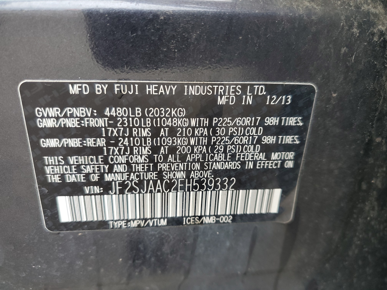 JF2SJAAC2EH539332 2014 Subaru Forester 2.5I