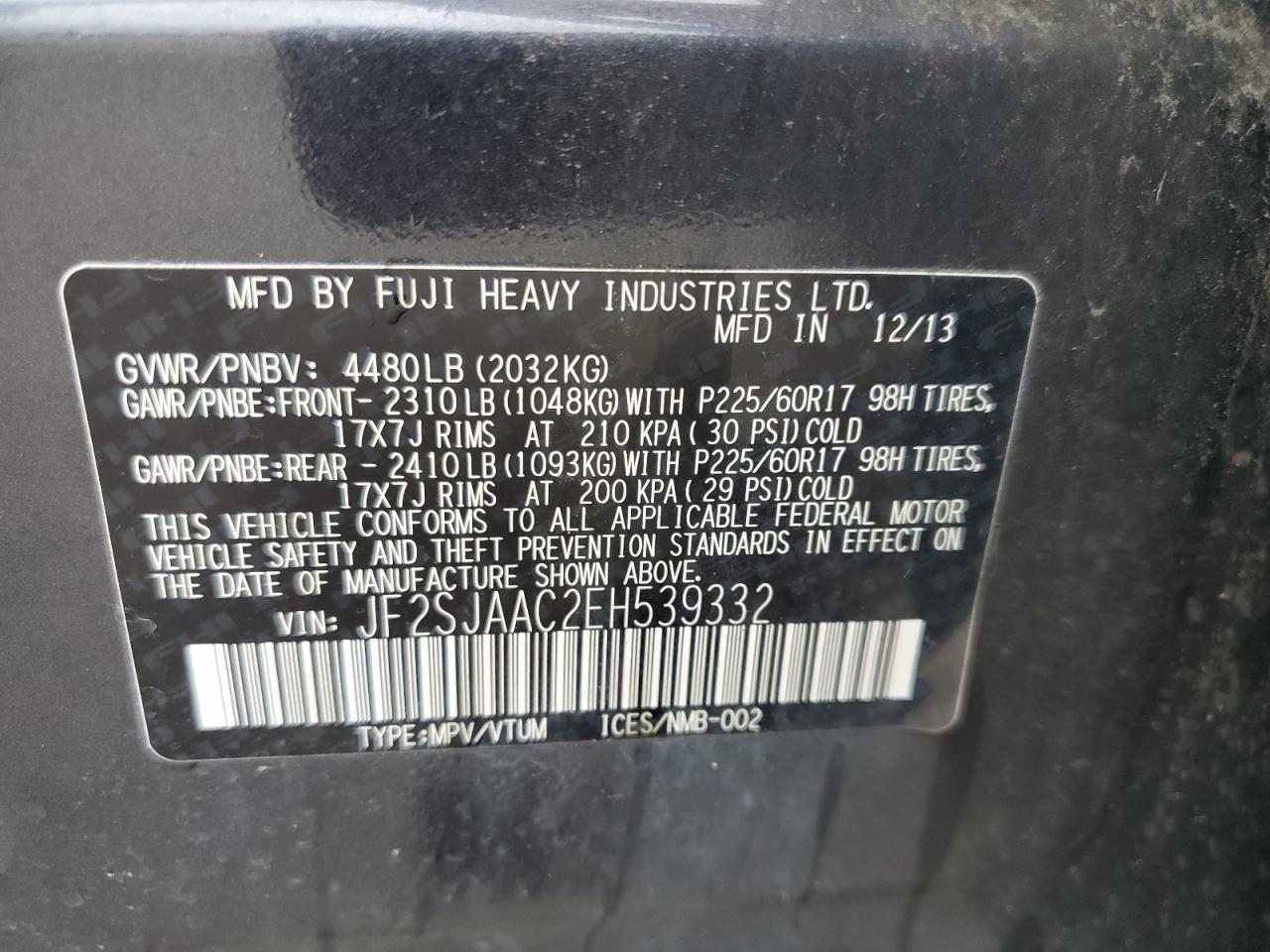 2014 Subaru Forester 2.5I VIN: JF2SJAAC2EH539332 Lot: 63767004