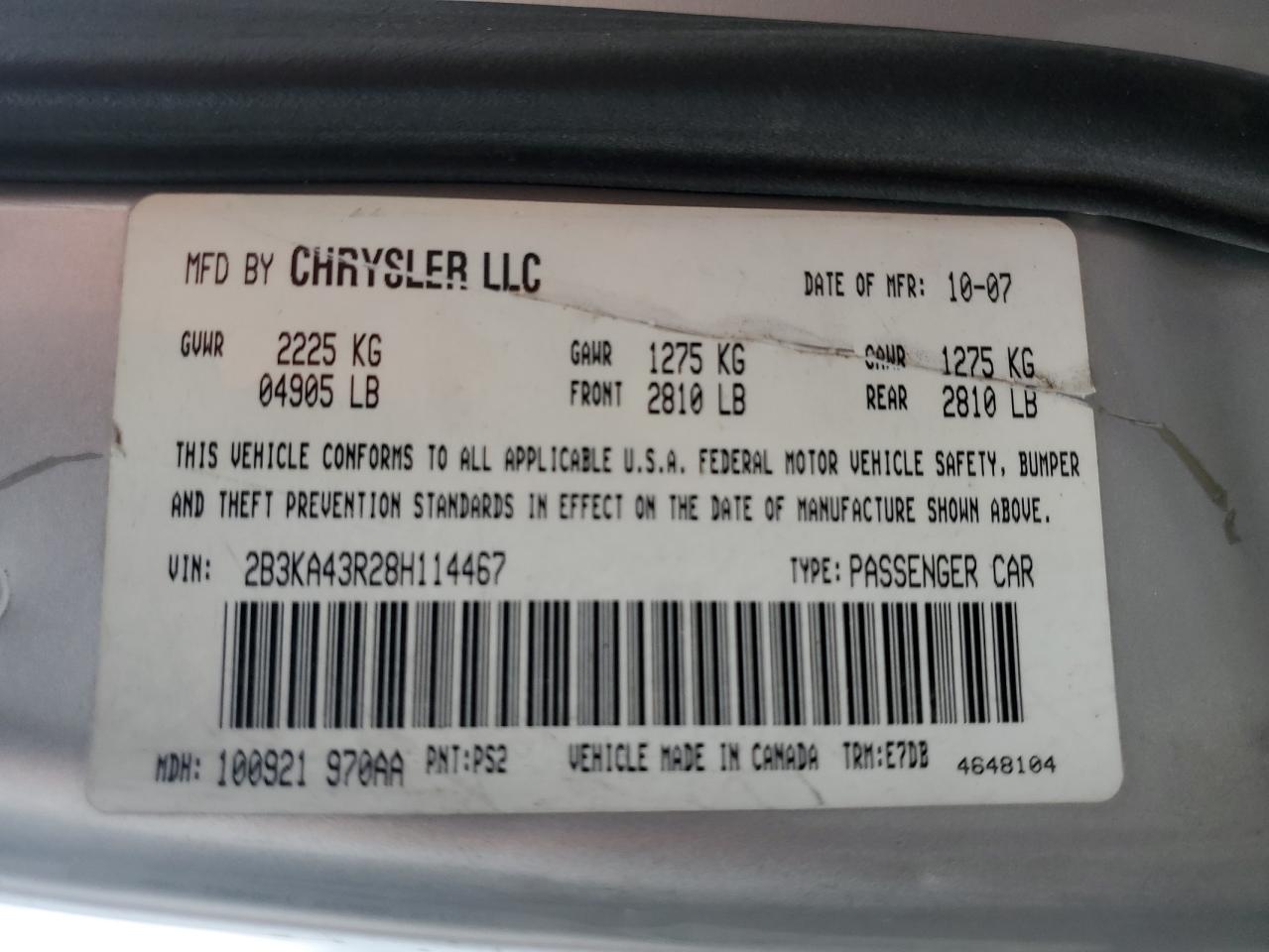 2008 Dodge Charger VIN: 2B3KA43R28H114467 Lot: 63336934