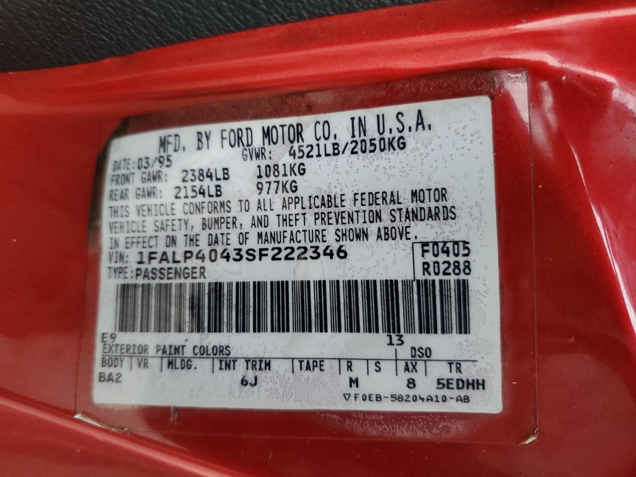 1995 Ford Mustang VIN: 1FALP4043SF222346 Lot: 62357634