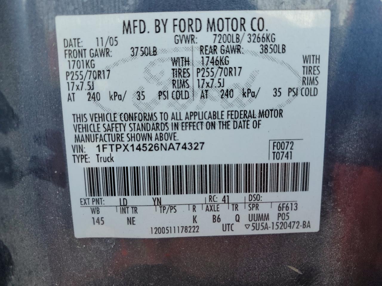 2006 Ford F150 VIN: 1FTPX14526NA74327 Lot: 62958274