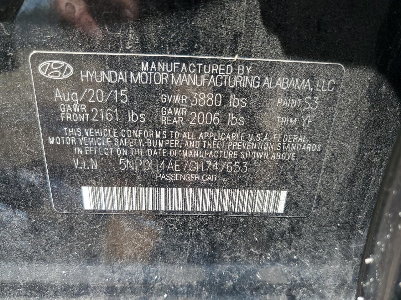 2016 Hyundai Elantra Se VIN: 5NPDH4AE7GH747653 Lot: 63214254