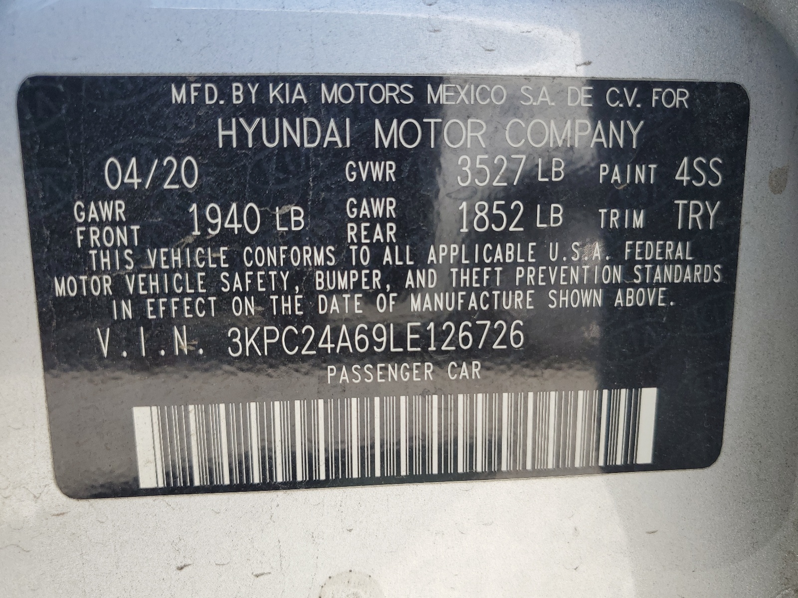 3KPC24A69LE126726 2020 Hyundai Accent Se