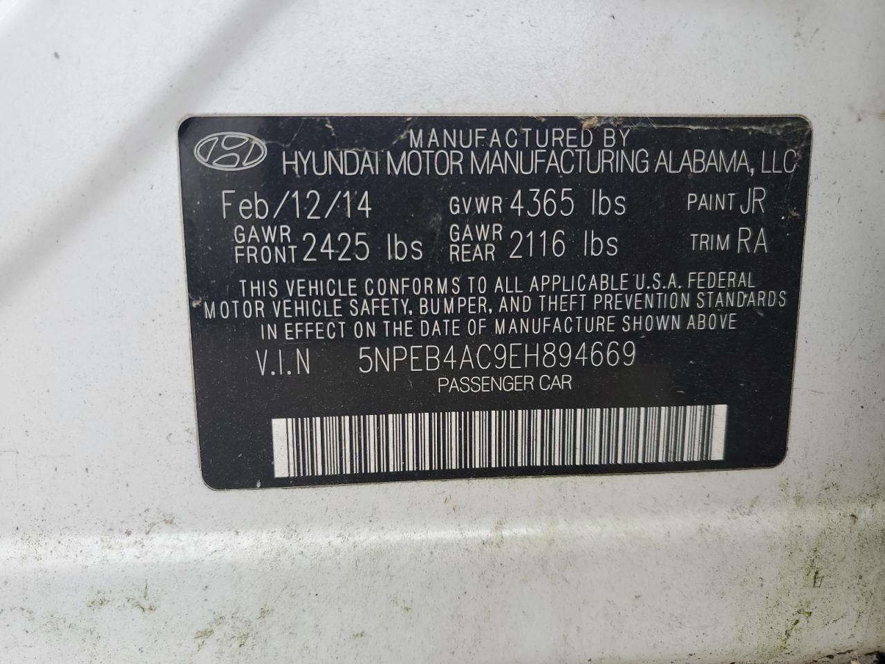 5NPEB4AC9EH894669 2014 Hyundai Sonata Gls