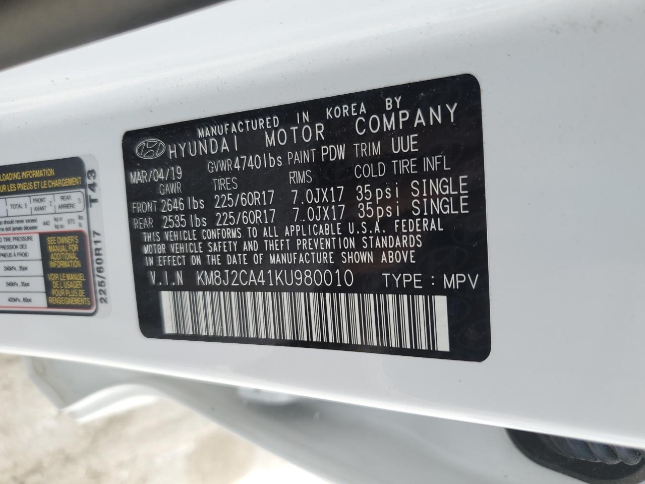 2019 Hyundai Tucson Se VIN: KM8J2CA41KU980010 Lot: 62709904