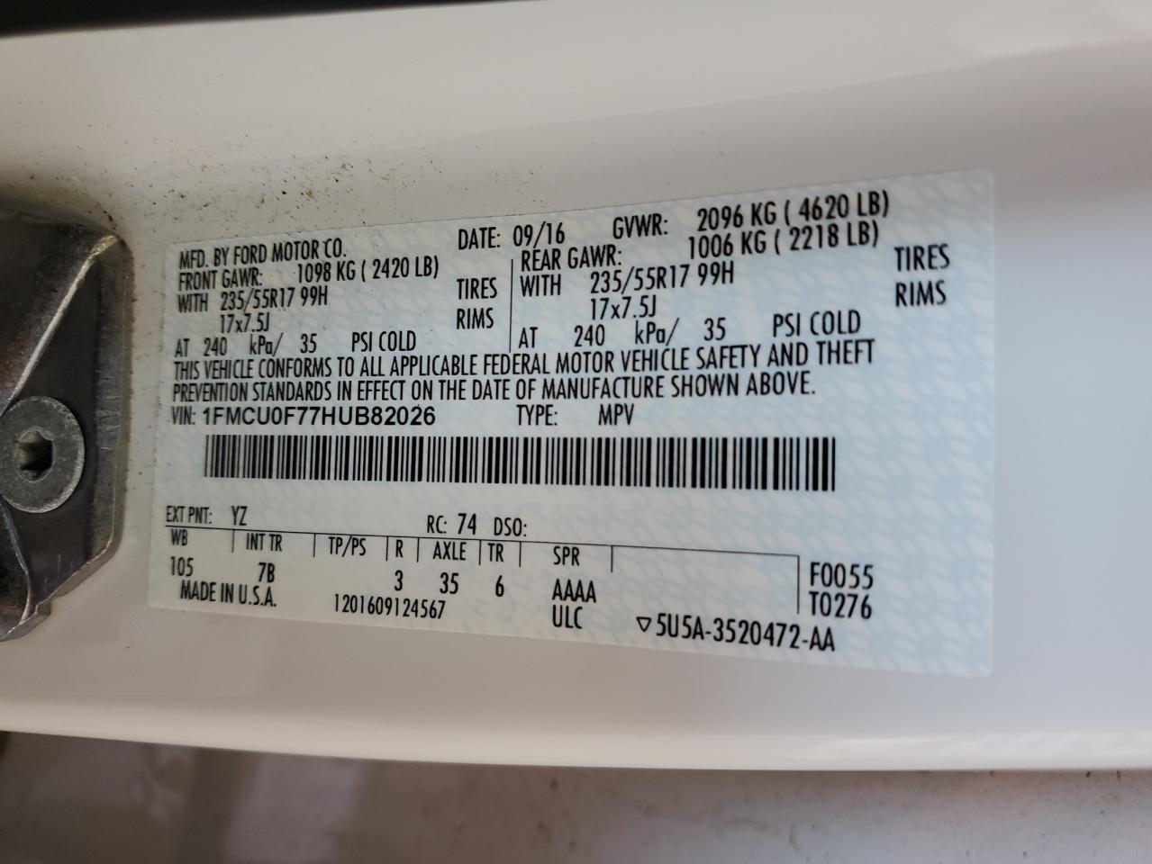 2017 Ford Escape S VIN: 1FMCU0F77HUB82026 Lot: 62460154