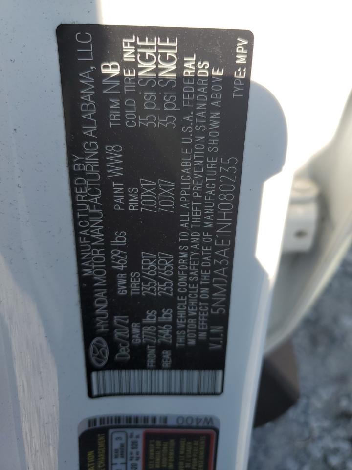 2022 Hyundai Tucson Se VIN: 5NMJA3AE1NH080235 Lot: 62847324