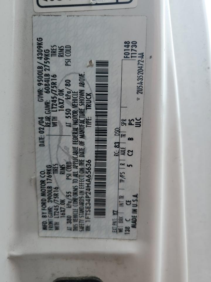 2004 Ford Econoline E350 Super Duty Van VIN: 1FTSE34P24HA65636 Lot: 62746084