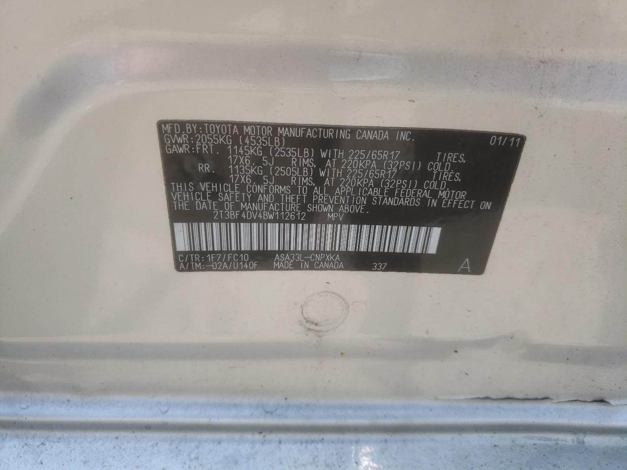 2011 Toyota Rav4 VIN: 2T3BF4DV4BW112612 Lot: 63191584