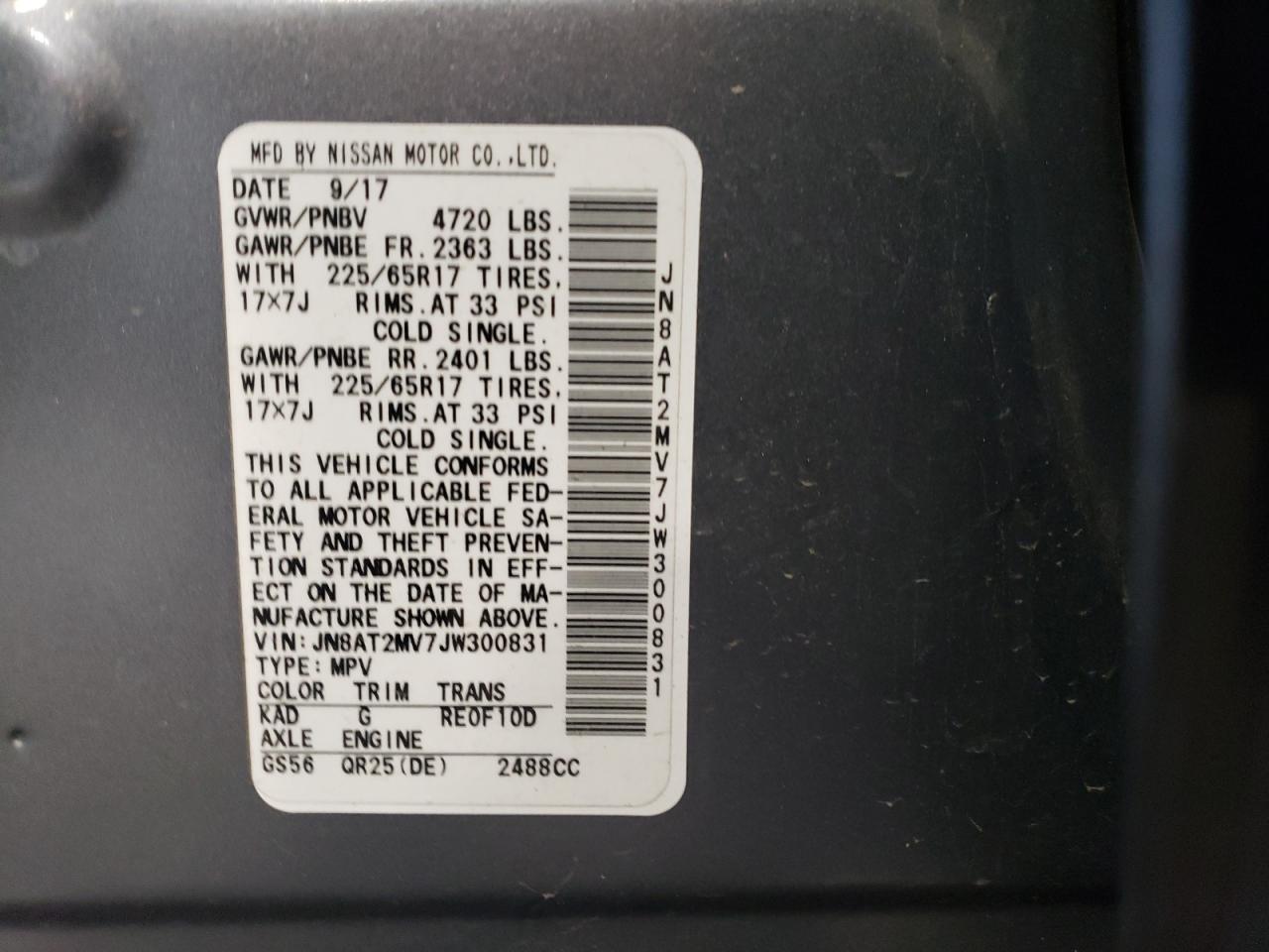 2018 Nissan Rogue S VIN: JN8AT2MV7JW300831 Lot: 64798034