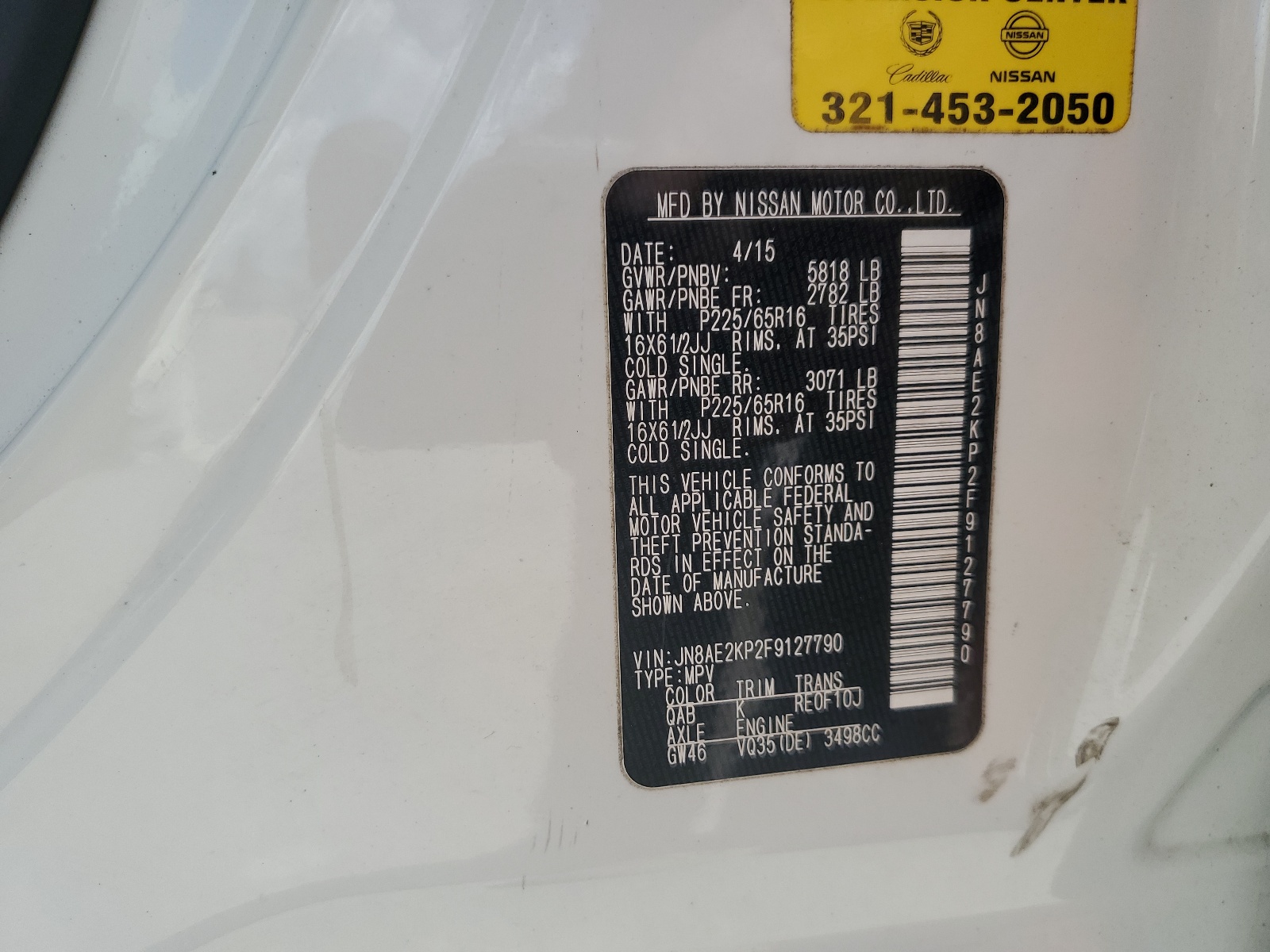 JN8AE2KP2F9127790 2015 Nissan Quest S