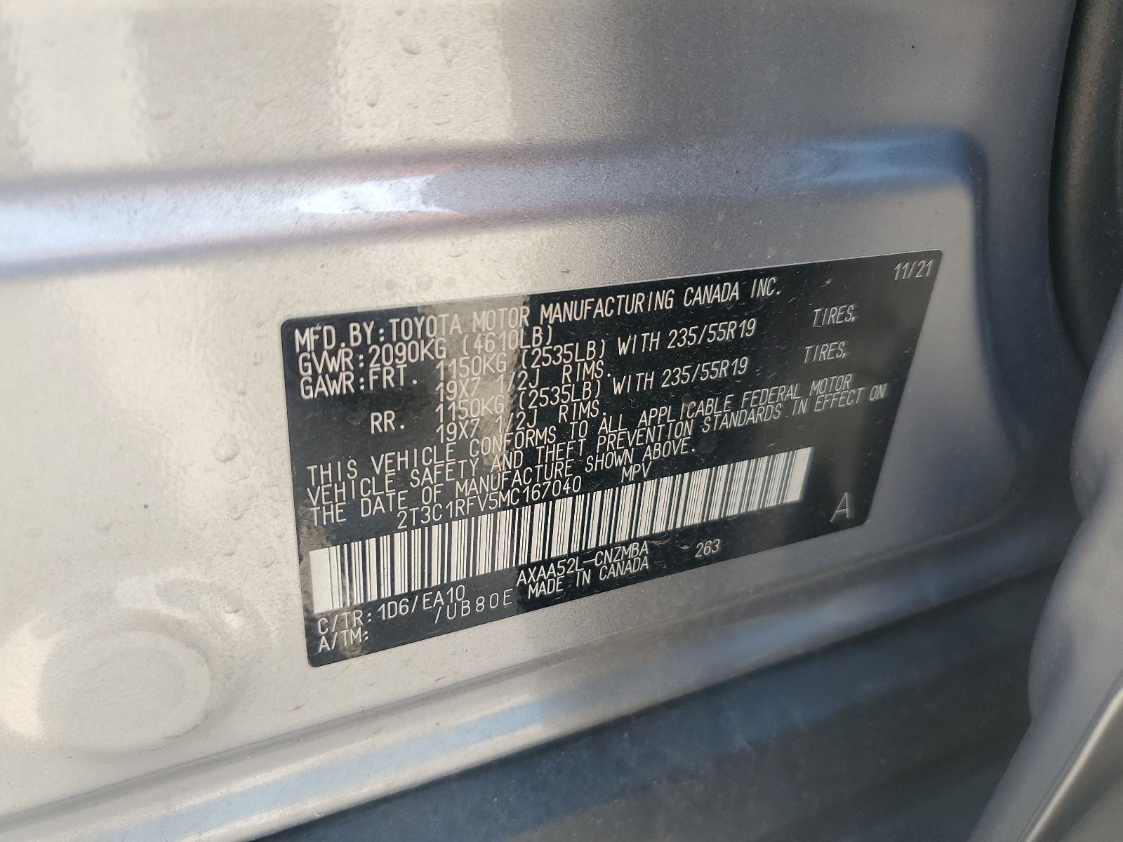 2T3C1RFV5MC167040 2021 Toyota Rav4 Xle Premium