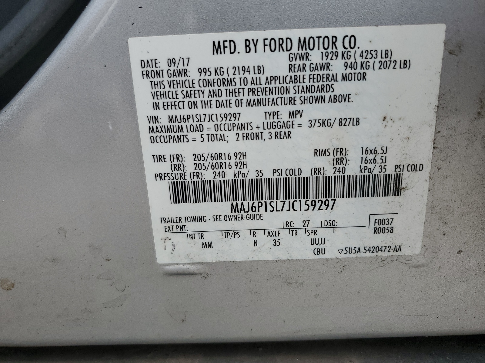 MAJ6P1SL7JC159297 2018 Ford Ecosport S