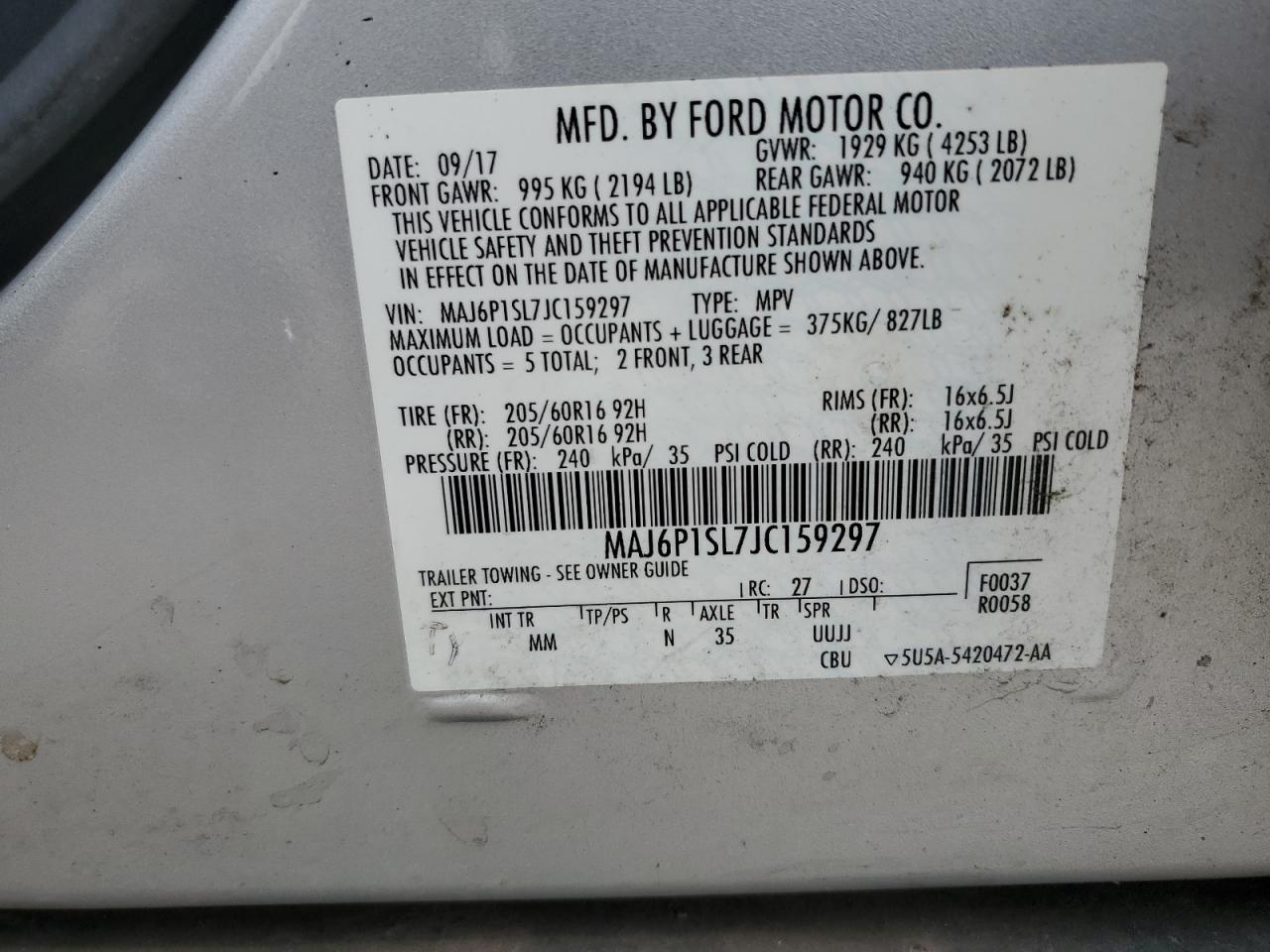2018 Ford Ecosport S VIN: MAJ6P1SL7JC159297 Lot: 64982594