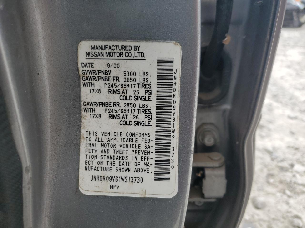 2001 Infiniti Qx4 VIN: JNRDR09Y61W213730 Lot: 62613794