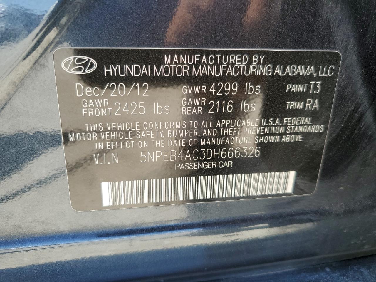 2013 Hyundai Sonata Gls VIN: 5NPEB4AC3DH666326 Lot: 61641694