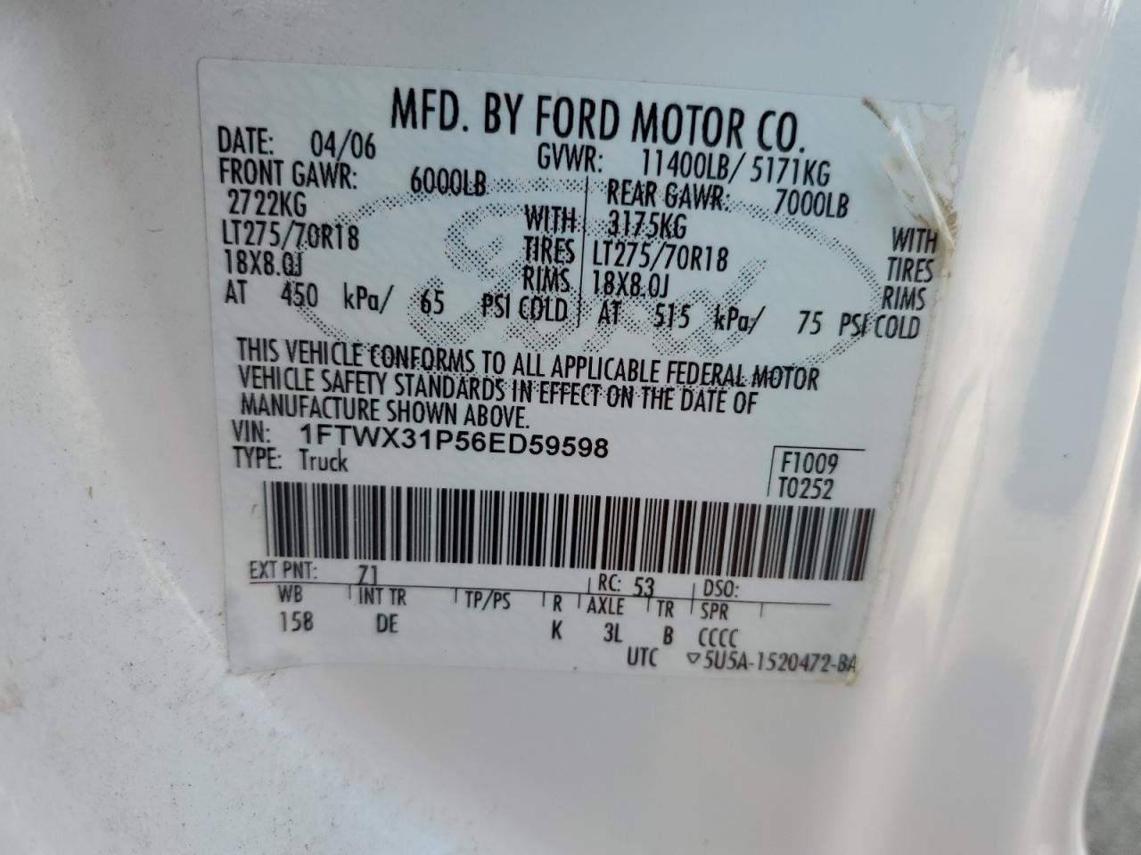 1FTWX31P56ED59598 2006 Ford F350 Srw Super Duty