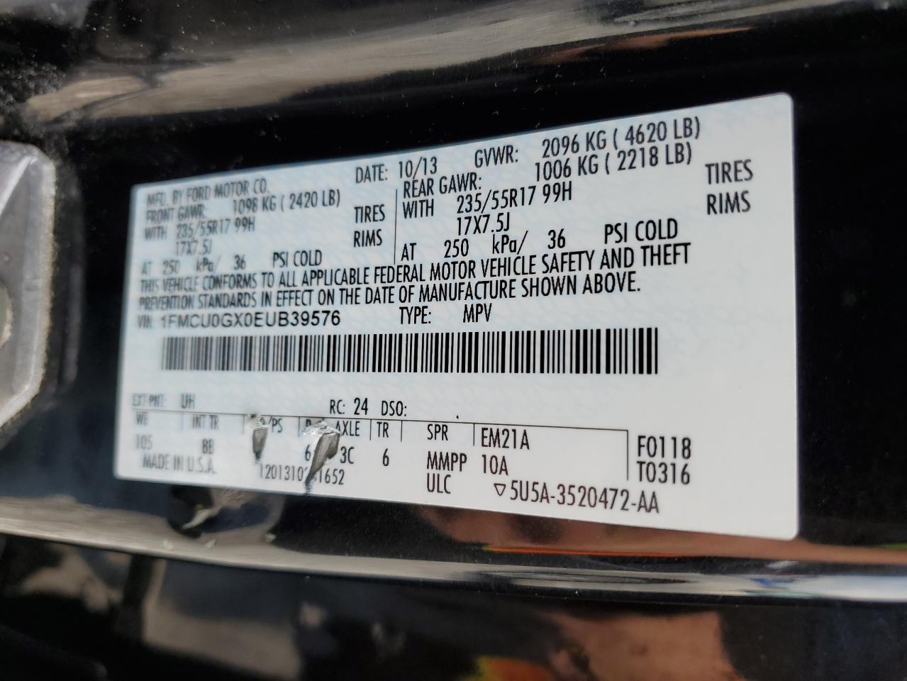 2014 Ford Escape Se VIN: 1FMCU0GX0EUB39576 Lot: 62341814