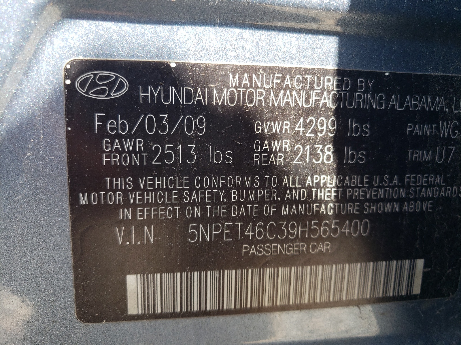 5NPET46C39H565400 2009 Hyundai Sonata Gls