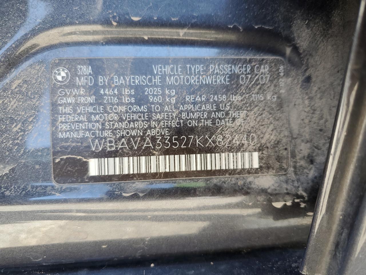 2007 BMW 328 I VIN: WBAVA33527KX82440 Lot: 61892954