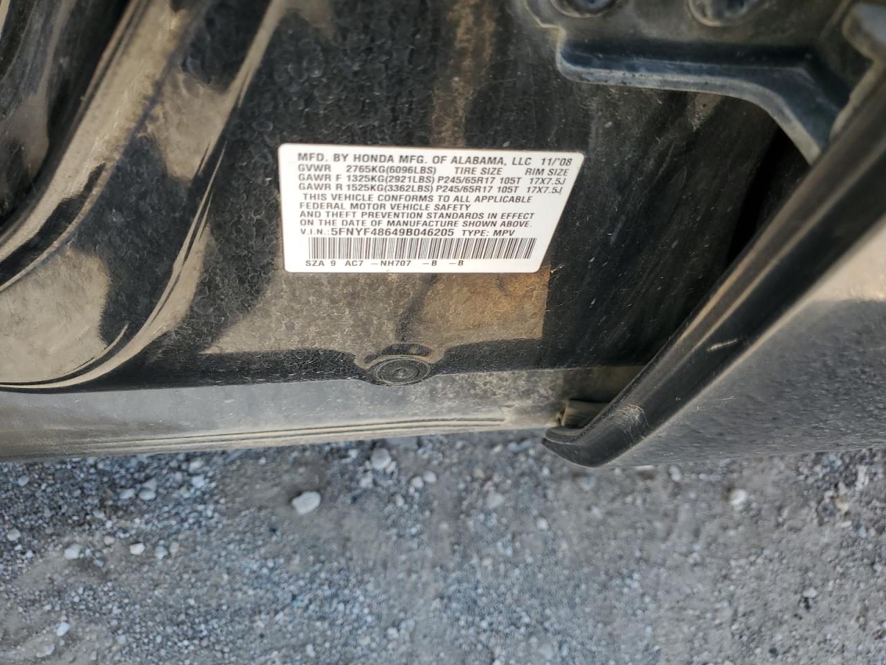 2009 Honda Pilot Exl VIN: 5FNYF48649B046205 Lot: 63454904