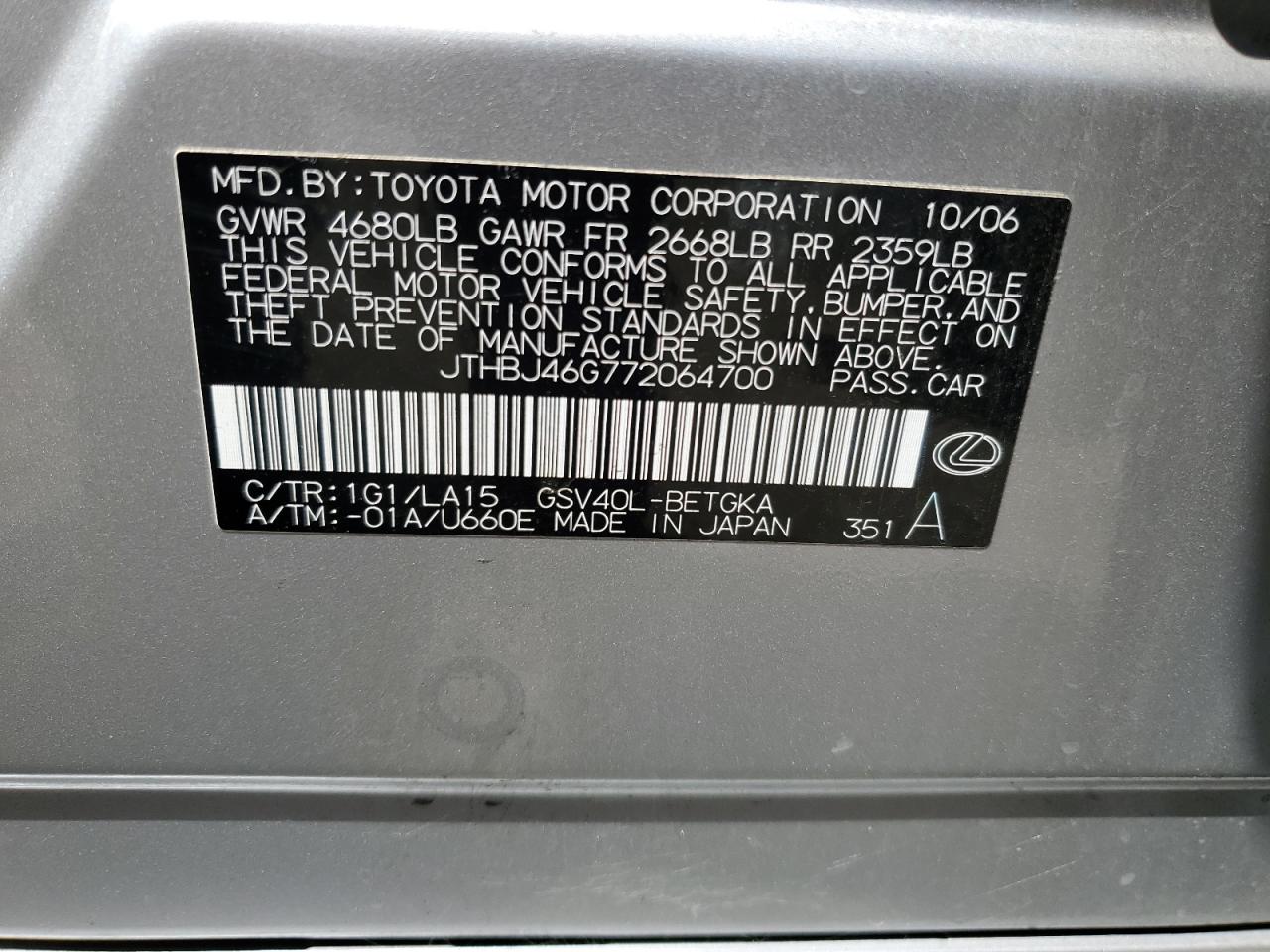 2007 Lexus Es 350 VIN: JTHBJ46G772064700 Lot: 64281664