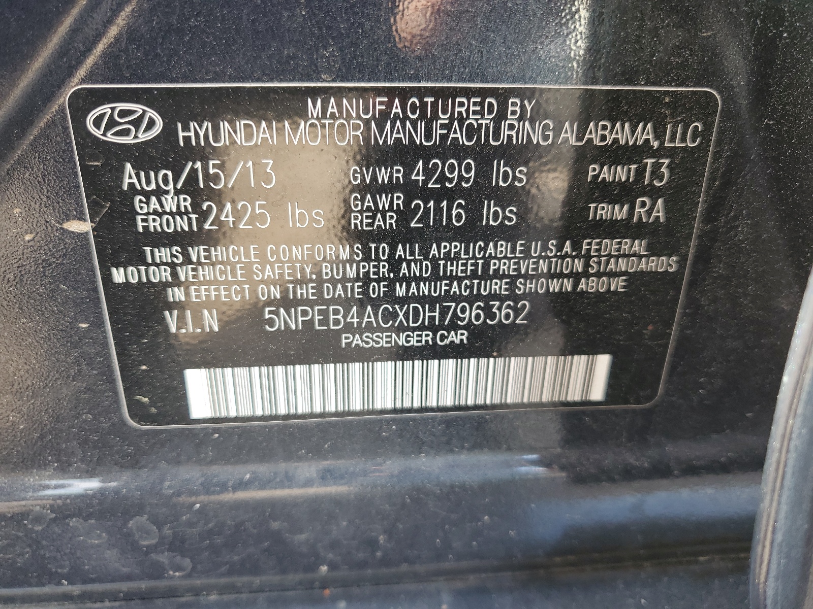 5NPEB4ACXDH796362 2013 Hyundai Sonata Gls