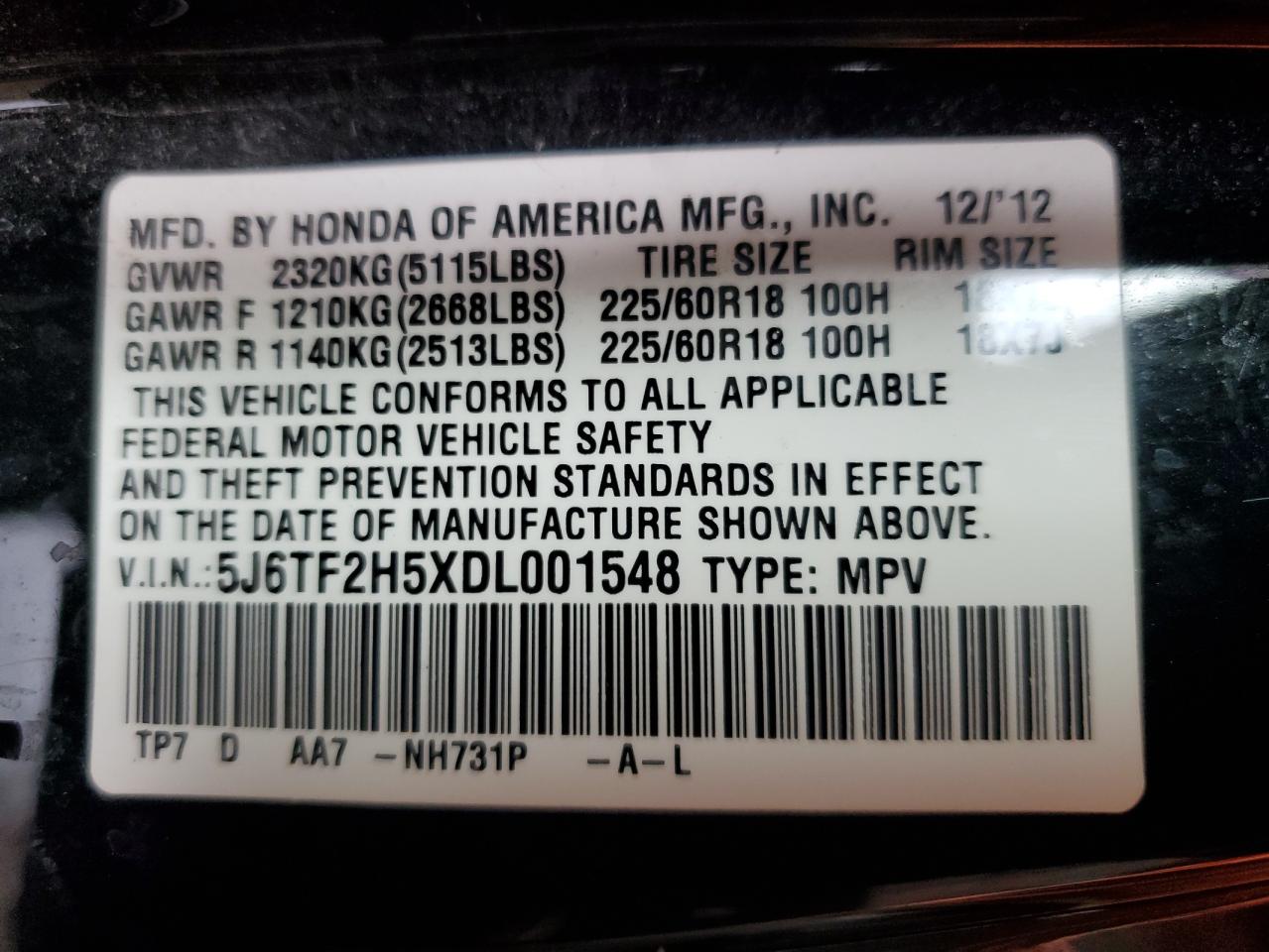 2013 Honda Crosstour Exl VIN: 5J6TF2H5XDL001548 Lot: 63816104