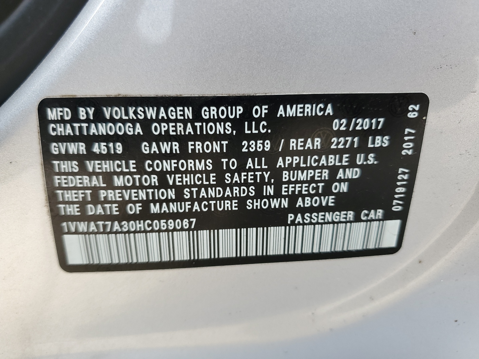 1VWAT7A30HC059067 2017 Volkswagen Passat S