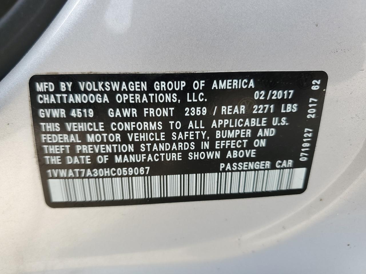 2017 Volkswagen Passat S VIN: 1VWAT7A30HC059067 Lot: 64763424