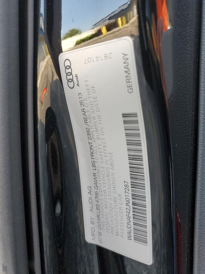 2018 Audi A4 Premium VIN: WAUDNAF42JN017287 Lot: 64214924