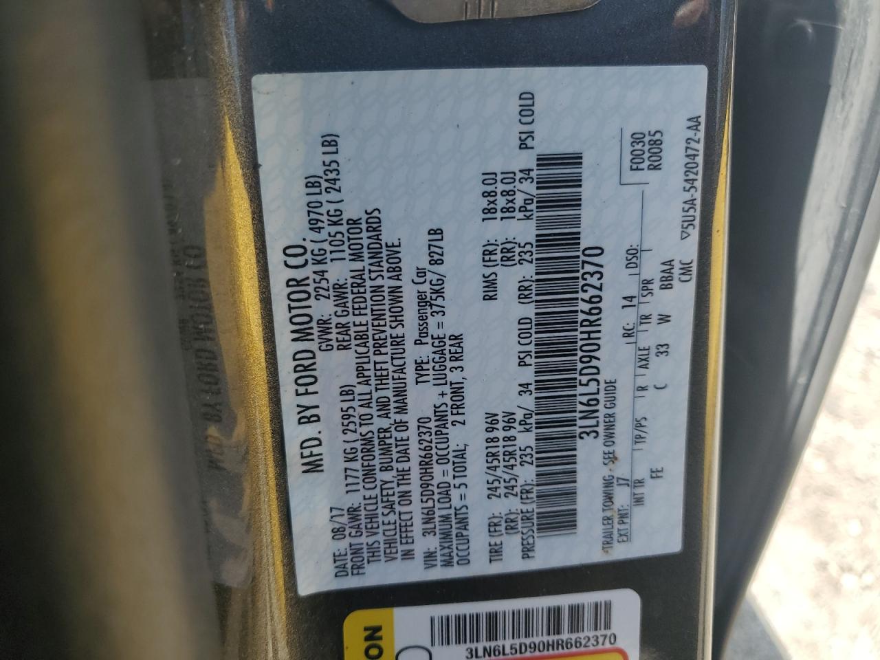 2017 Lincoln Mkz Select VIN: 3LN6L5D90HR662370 Lot: 63477134