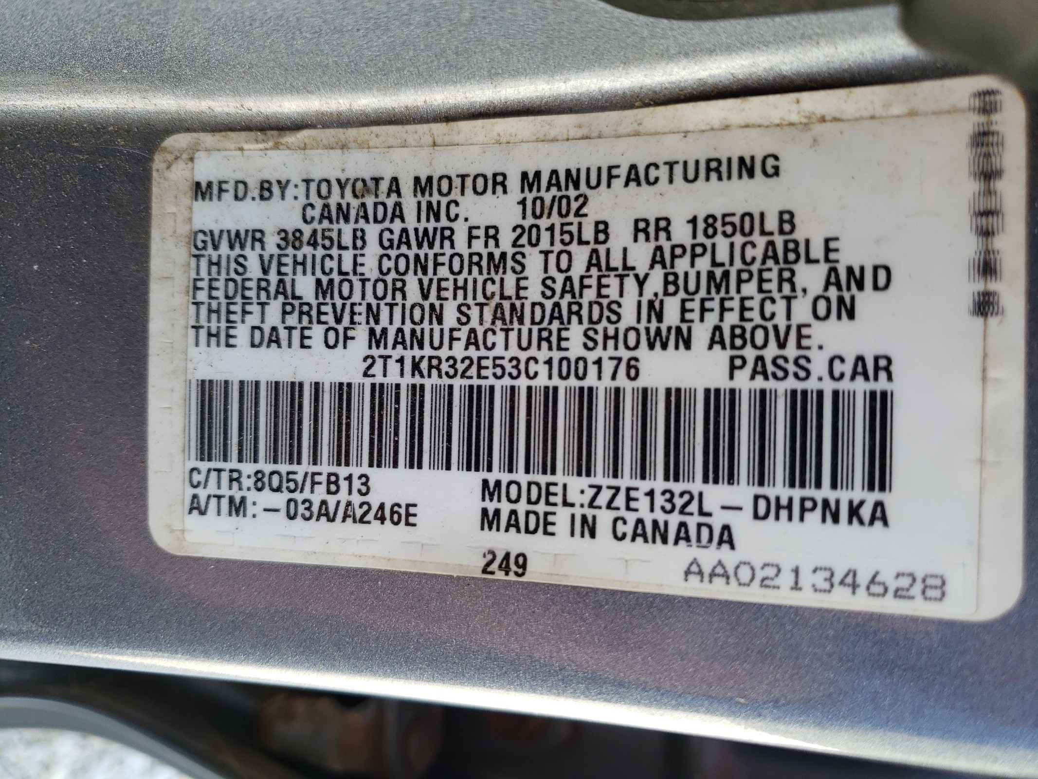 2T1KR32E53C100176 2003 Toyota Corolla Matrix Xr