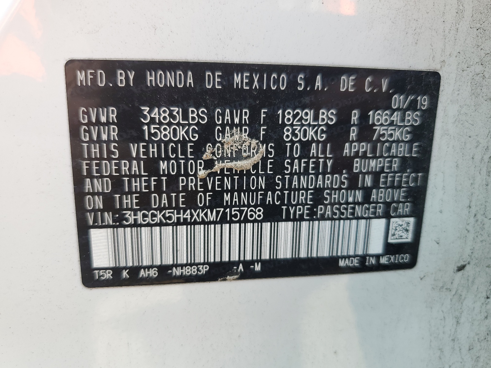 3HGGK5H4XKM715768 2019 Honda Fit Lx