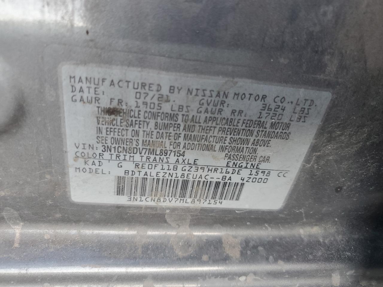 2021 Nissan Versa S VIN: 3N1CN8DV7ML897154 Lot: 63848674