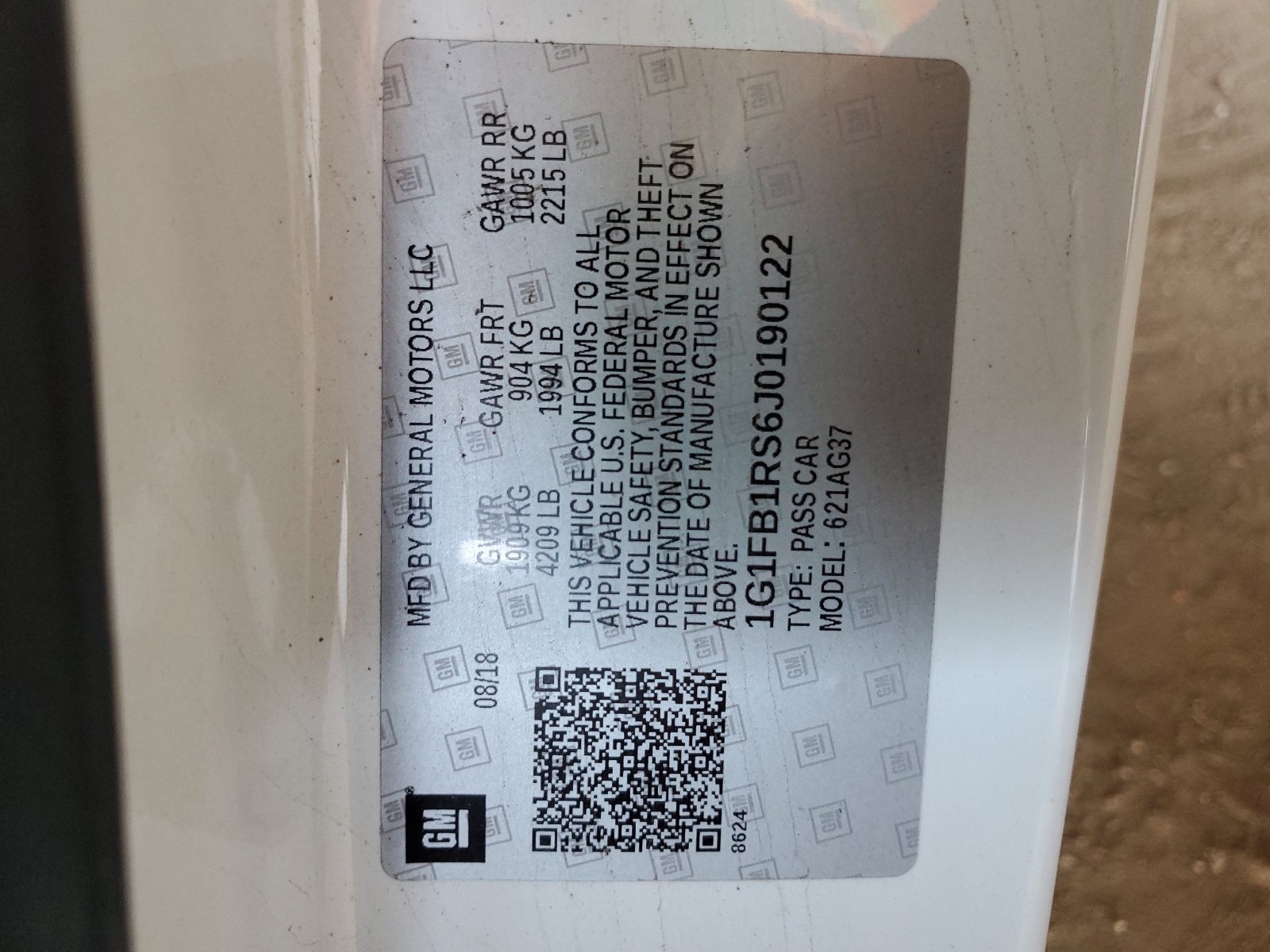 1G1FB1RS6J0190122 2018 Chevrolet Camaro Lt