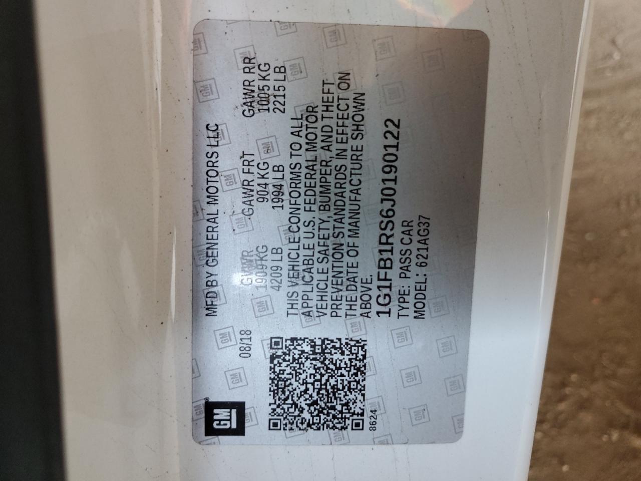 2018 Chevrolet Camaro Lt VIN: 1G1FB1RS6J0190122 Lot: 62958674