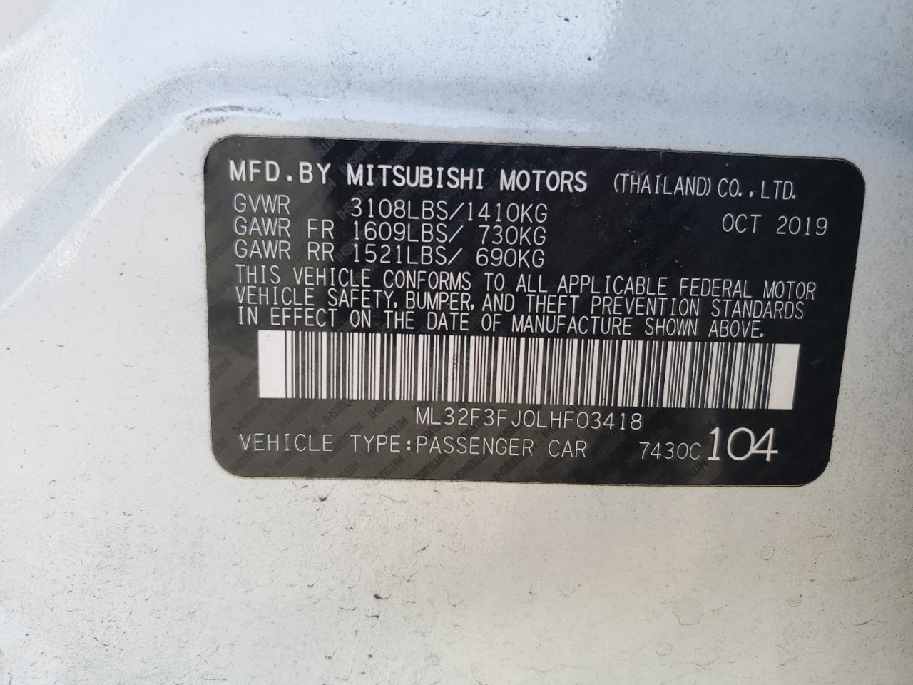 2020 Mitsubishi Mirage G4 Es VIN: ML32F3FJ0LHF03418 Lot: 64009374