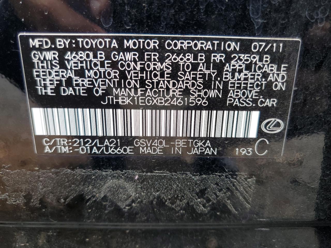 2011 Lexus Es 350 VIN: JTHBK1EGXB2461596 Lot: 63307394