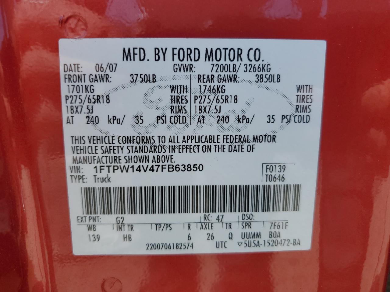 2007 Ford F150 Supercrew VIN: 1FTPW14V47FB63850 Lot: 62560924