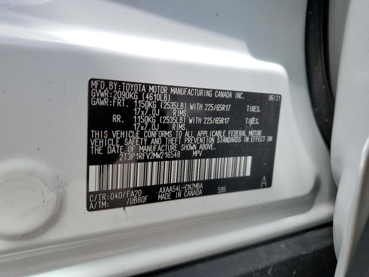 2T3P1RFV2MW216548 2021 Toyota Rav4 Xle