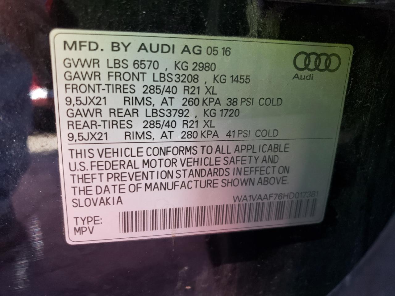 2017 Audi Q7 Prestige VIN: WA1VAAF76HD017381 Lot: 63252124