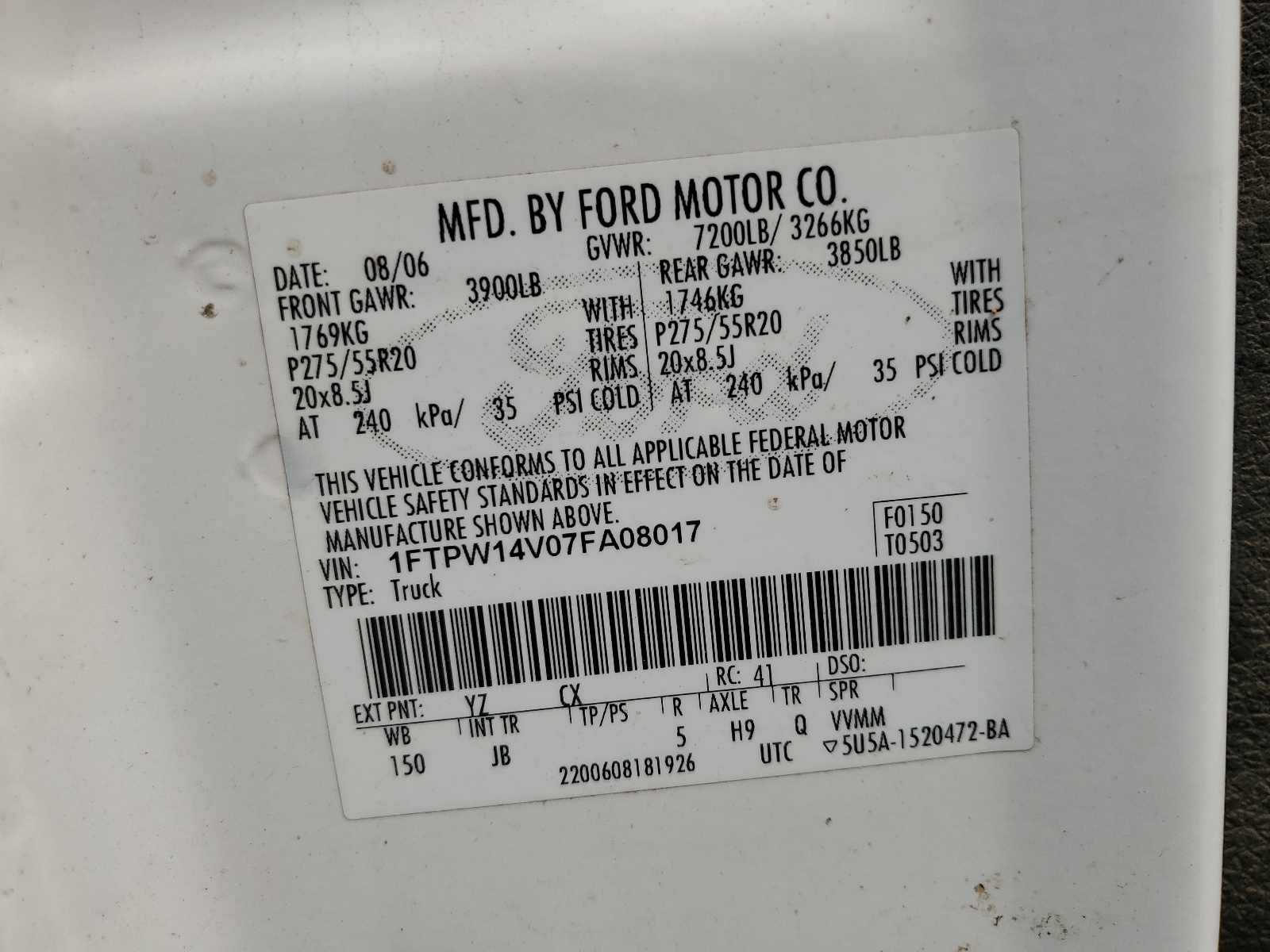 1FTPW14V07FA08017 2007 Ford F150 Supercrew