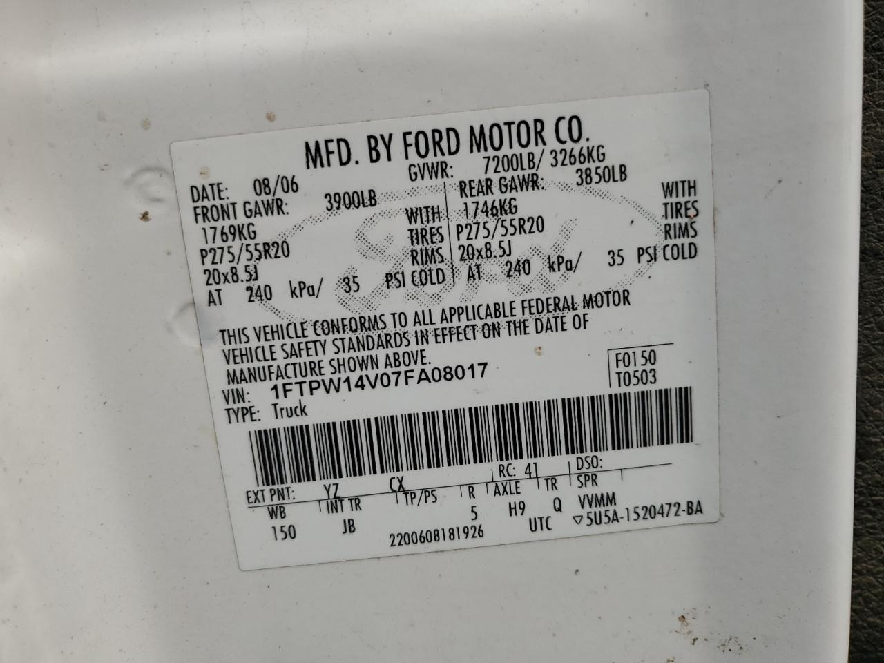 2007 Ford F150 Supercrew VIN: 1FTPW14V07FA08017 Lot: 60958784